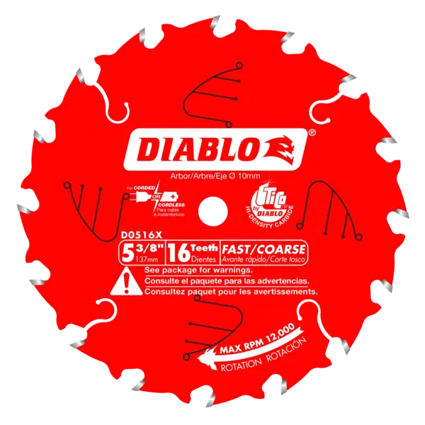 DIABLO 5 3/8 X 16 ATB Fast Cutting Cordless Trim Saw Blade with 10mm Arbor D0516X